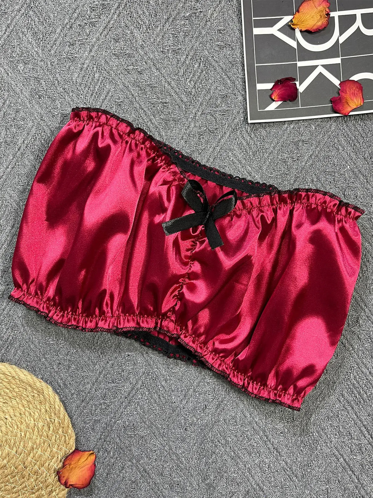 Women's Sexy Lingerie Set Black Lace Trim Strapless Tube Top + Shorts Solid Color Outfits Chest Wrap Backless Crop sleepwear