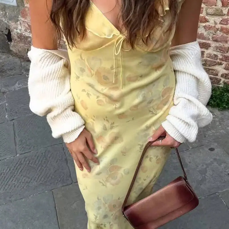 Sexy Elegant Flower Print Slim Long Dresses Women V-neck Low Cut Leace-up Backless Package Hip Bodycon Sleeveless Dress Female