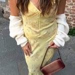 Sexy Elegant Flower Print Slim Long Dresses Women V-neck Low Cut Leace-up Backless Package Hip Bodycon Sleeveless Dress Female