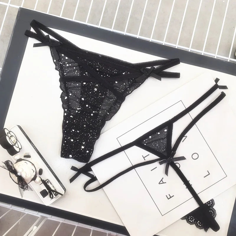 Sexy Women's Thong Erotic Cross Hollow T Pants Starry Sky Shiny Sequins Black Mesh Transparent Bow Perspective Briefs Lingerie