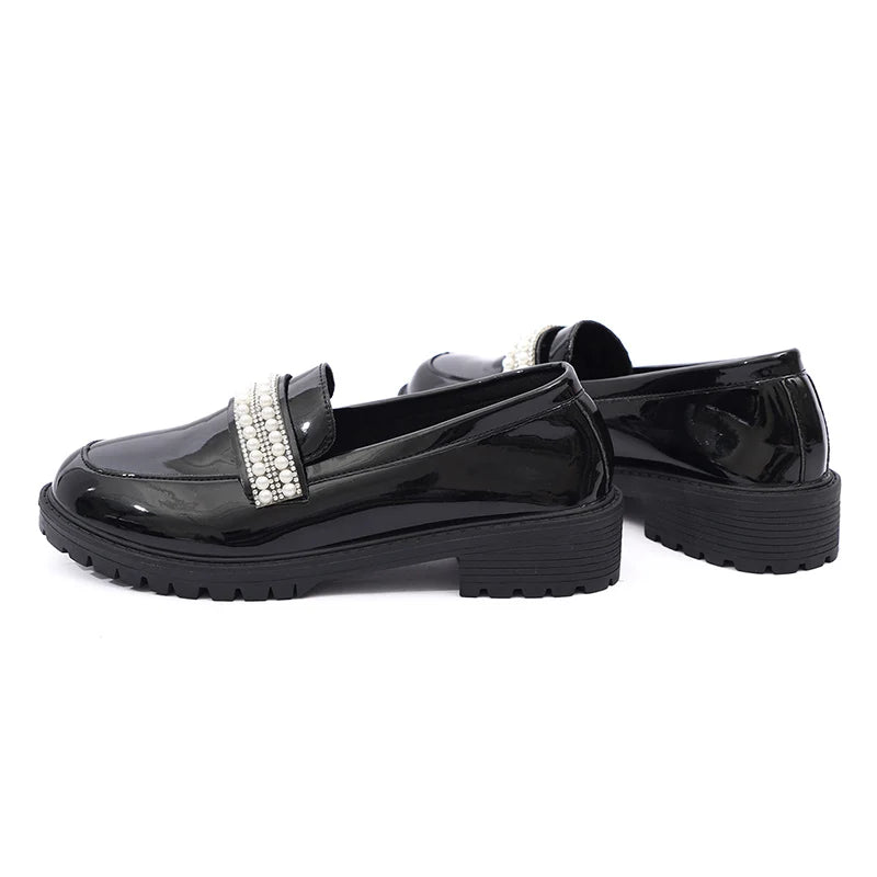 Fashion Pearls Decor Platform Loafers Women College Style Thick Heels Pu Leather Shoes Woman Plus Size 43 Student Shoes Female