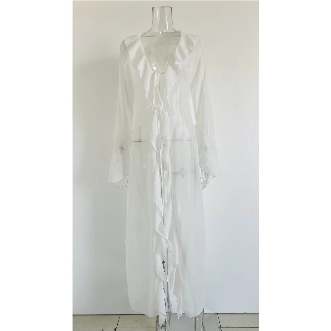 New Sexy V Neck Ruffled Long Sleeve Chiffon Tunic Beach Cover Up Cover-ups Beach Dress Beach Wear Beachwear Female Women V5976
