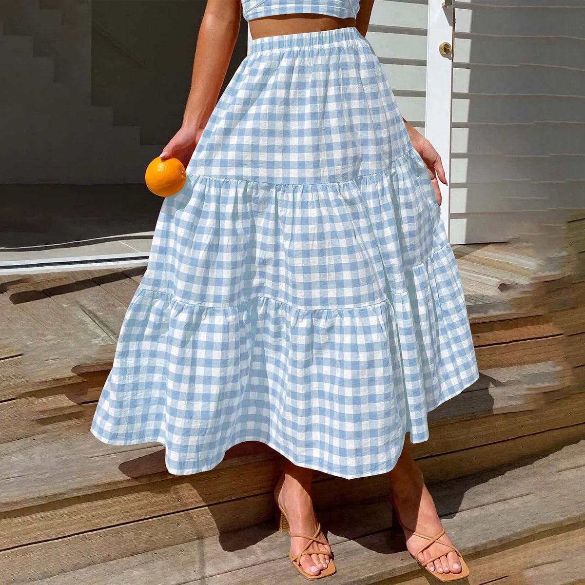 2026 Summer Vintage Checkered Maxi Skirt Women High Waisted Elastic Plaid Ruffle Long Skirts Retro Sweet Cake ALine Skirts