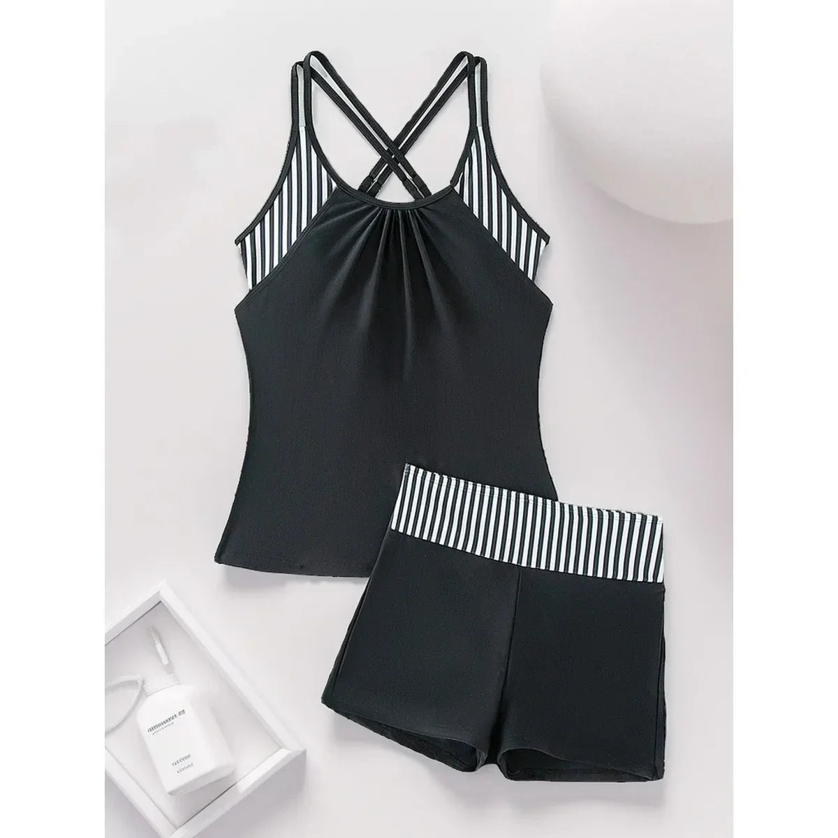 Women's Conservative 2 Piece Swimsuit Black Stripe Print Patchwork Tankini Bikini Set Suspender Cross Backless Bathing Suit 2025