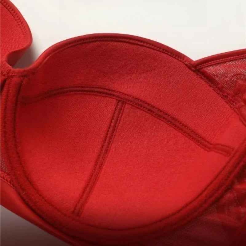 Red Elegant Beauwear Large Size Bra Women's 3/4 Cup Plunge Bras Sexy Lace Bra Unlined Underwire Bralette SWD9075
