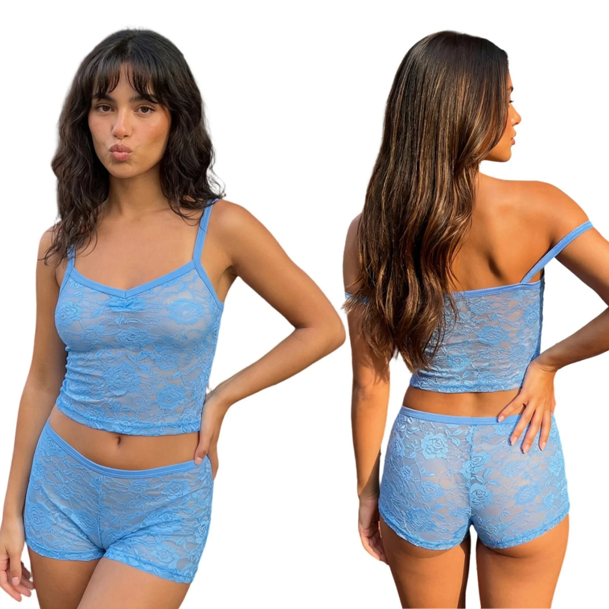 Women 2 Piece Sets See-Through Floral Lace Crop Camisole Tops and Shorts Casual Sexy Club Beach Clothes