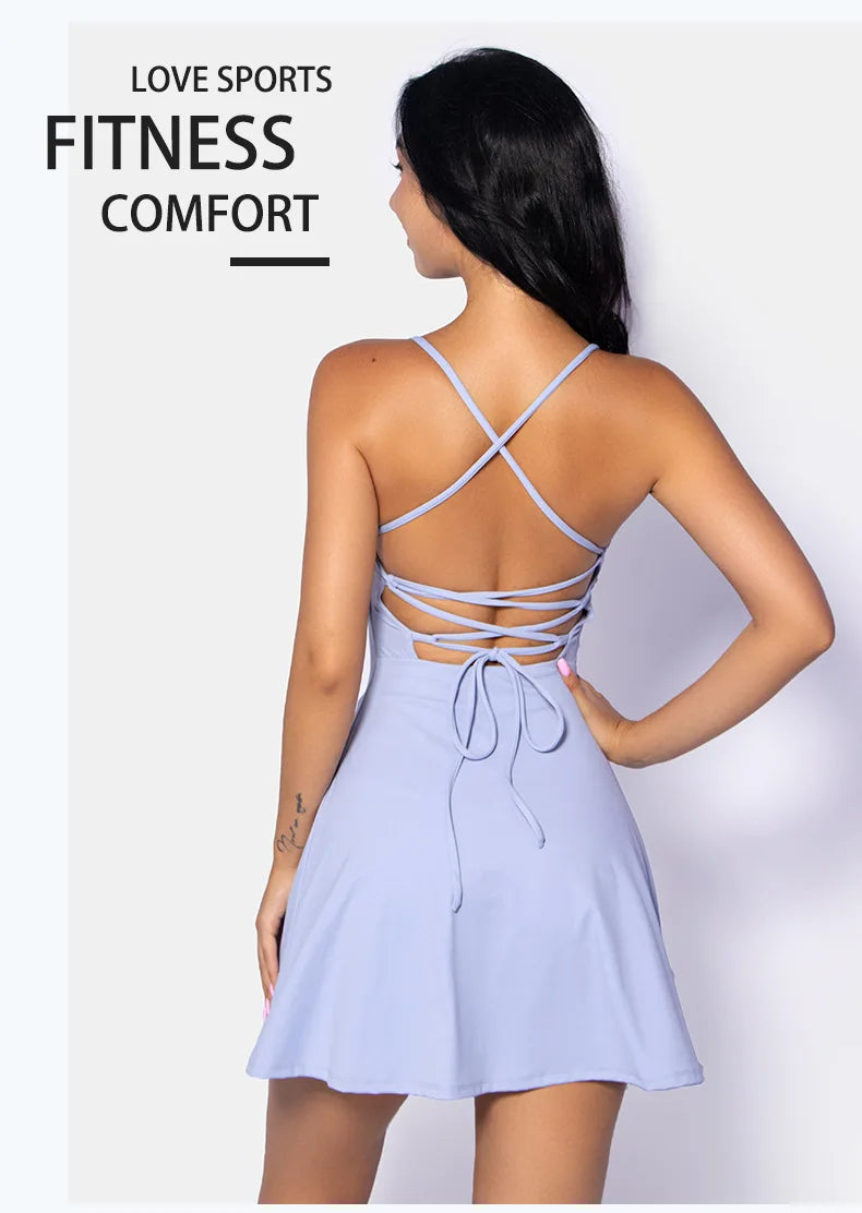 Summer Sleeveless Tennis Dress for Women Pink Hollow Out Backless Lace Up Gym Fitness Golf Badminton Pocket Skirt Suit Sportwear