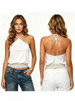 2026 Summer Women's Backless Lace Hem Tank Tops Slim Fit Halter Vest Daily Fashion Going Out Sleeveless Shirts