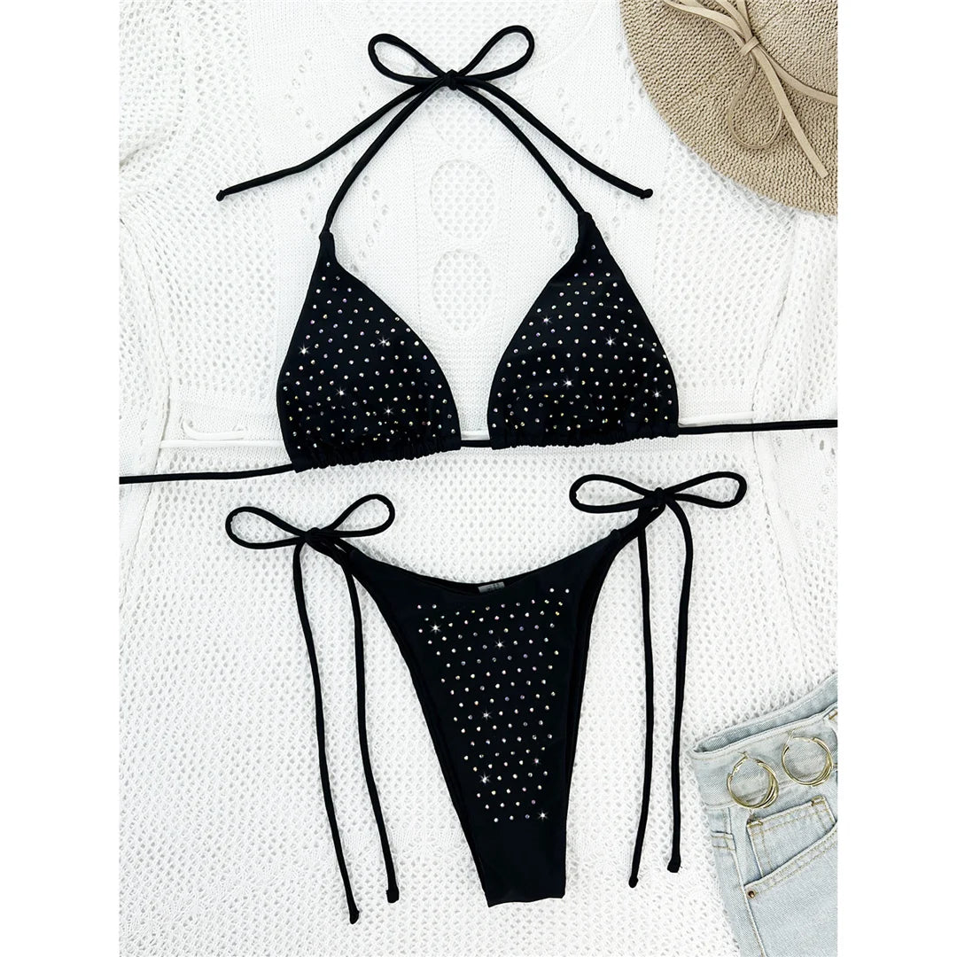 Diamond Rhinestones Halter Strappy Bikini Female Swimsuit Women Swimwear Two-Pieces Bikini Set Bather Bathing Suit Swim V5351