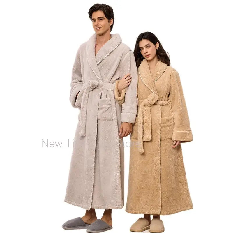 Thick Cozy Fleece Couple Bathrobe, Men Women Long Warm Loungewear, Autumn Winter Flannel Plus Size Robe Pajamas