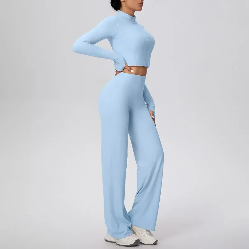 2 Pcs Women's Seamless Yoga Set Long-sleeved Wide-leg Pants Tracksuit Fitness Sports Set High-waisted Hip-lifting Slim-fit Suit