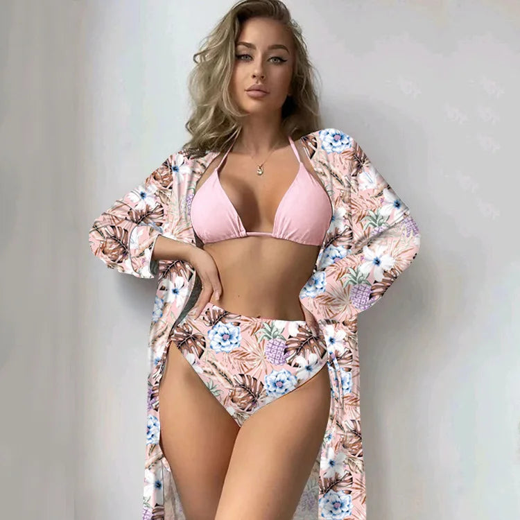 Fashionable Bikini Cover Up Three Piece Set Women Swimsuit Net Shirt High Elasticity Polyester Fabric with Chest Pad Bikinis Set