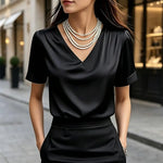 Women T-shirt Solid Color Loose Fit Smooth Satin V-Neck Short Sleeve Tops Ladies Summer Casual Tee Shirt Daily Wear
