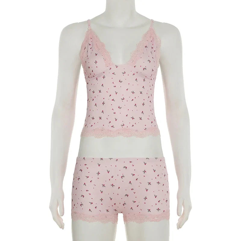 Summer Two-piece Pajamas Set for Women SleepwearFloral Lace Pink Sleeveless Camisoles and Slim Shorts Loungewear