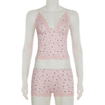 Summer Two-piece Pajamas Set for Women SleepwearFloral Lace Pink Sleeveless Camisoles and Slim Shorts Loungewear