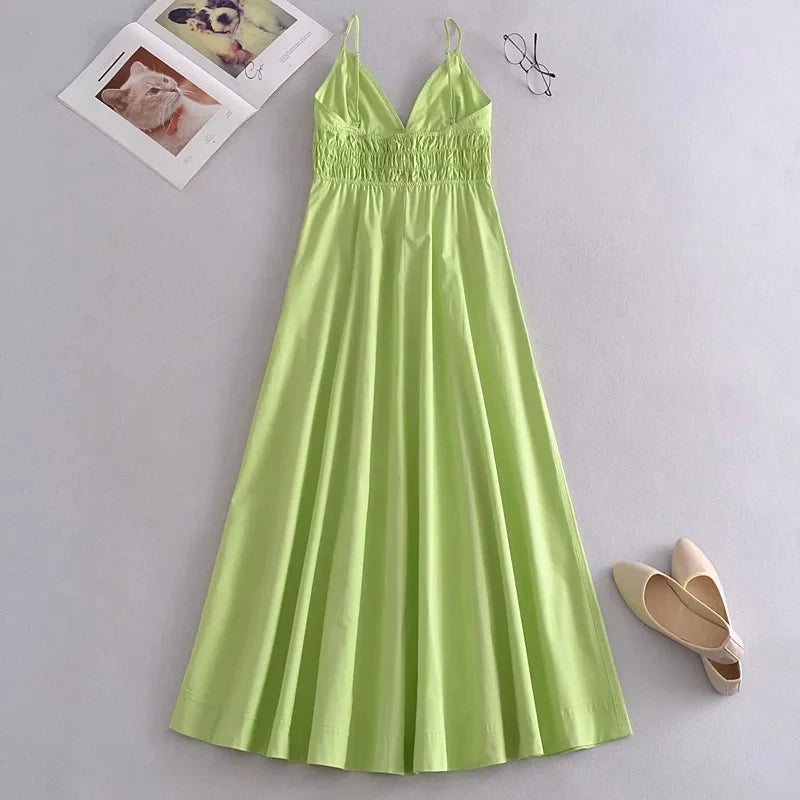 Foridol Elastic Smocking Green Cotton V Neck Summer Women's Dress Sleevless Long Green Maxi Casual Strapy Dress Solid Female