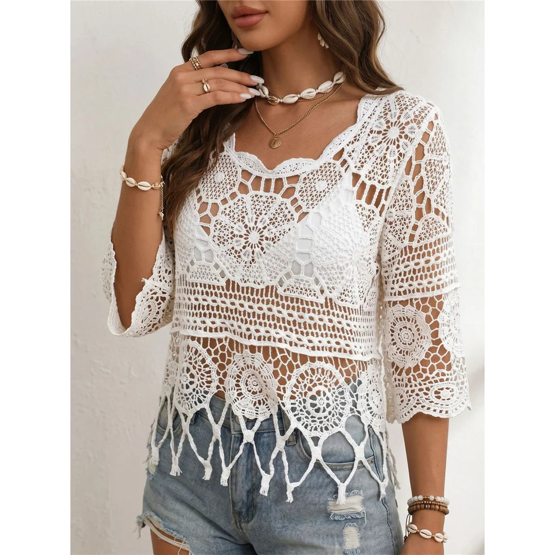 Half Sleeve Hollow Out Solid Crochet Knitted Tunic Beach Cover Up Cover-ups Beach Dress Beach Wear Beachwear Female Women V8401