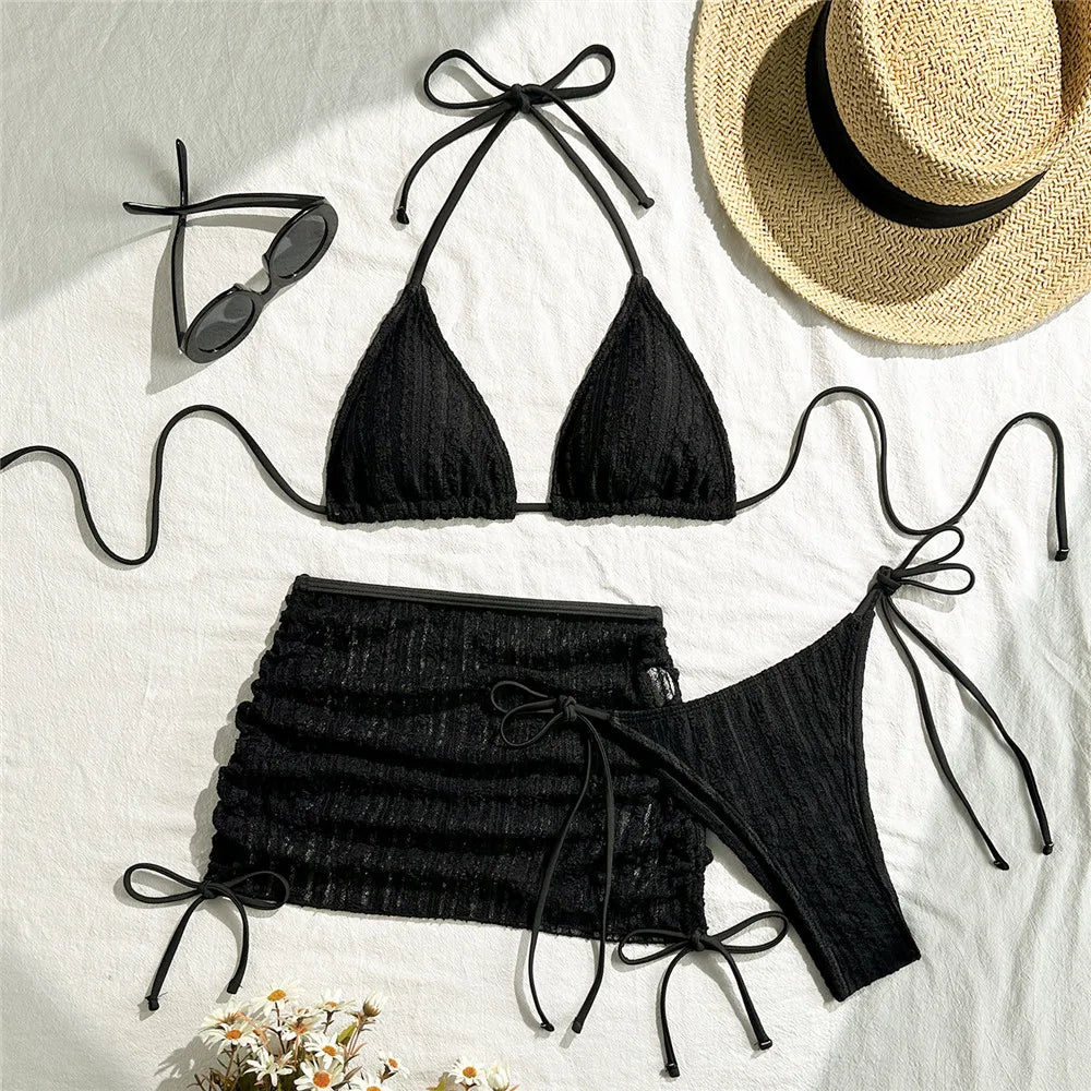 Beige Mesh Cover Ups Swimwear Halter String Triangle Bikinis Sets 3 Pieces Micro Thong Sexy Swimsuit Women 2026 Bathing Suit