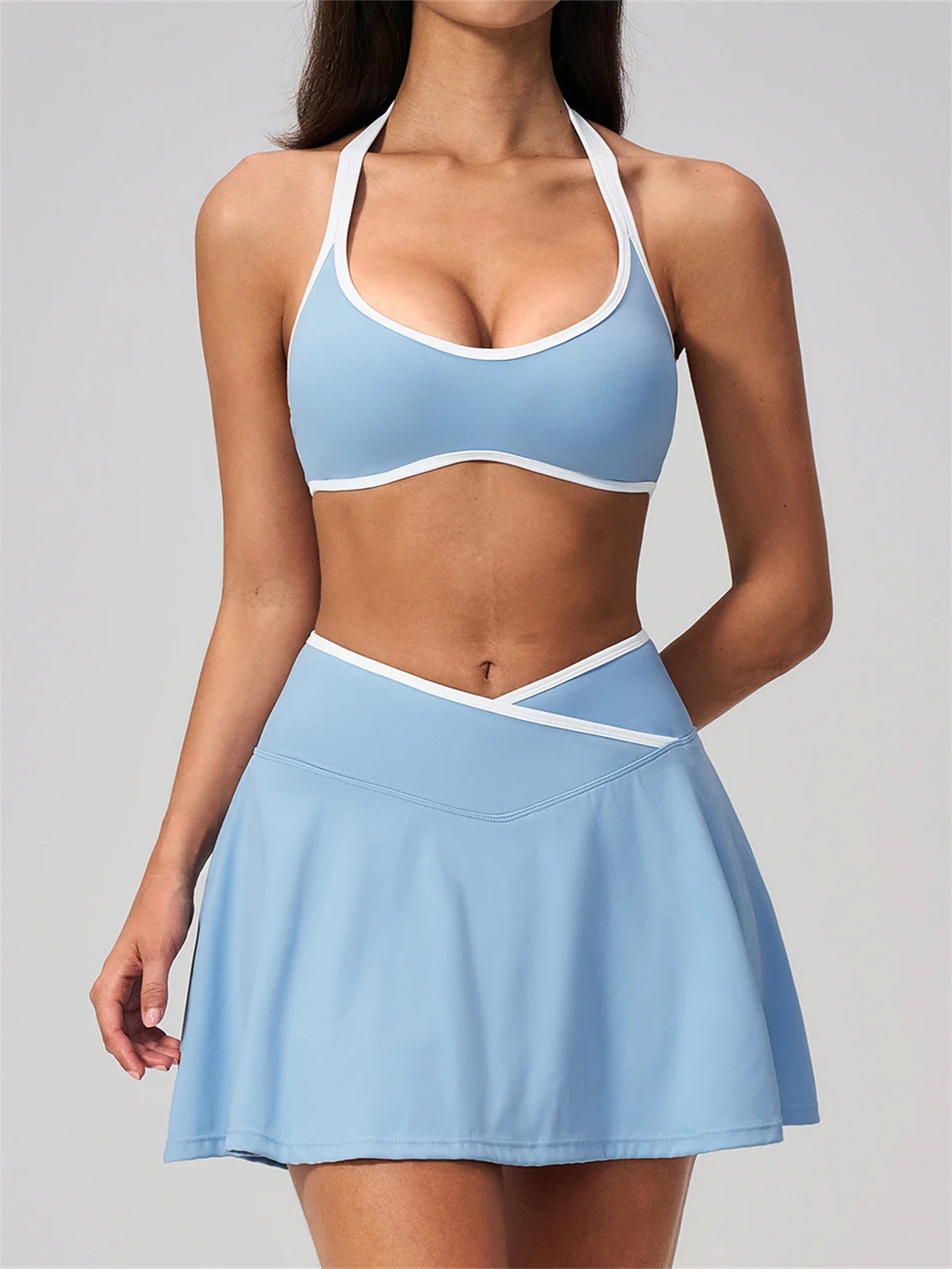 Summer New Outdoor Breathable Yoga Sets Women Color Block Shockproof Sports Bra Tennis Pleate Skirt Gym Workout Fitness Suits