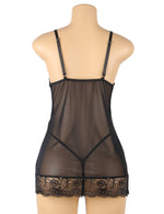 Sexy Women Mesh Printed Honeymoon Nightgown Lace Trim Adjustable Strap Sleep Dress Sheer Black Chemise Lingerie XS-L With Thong