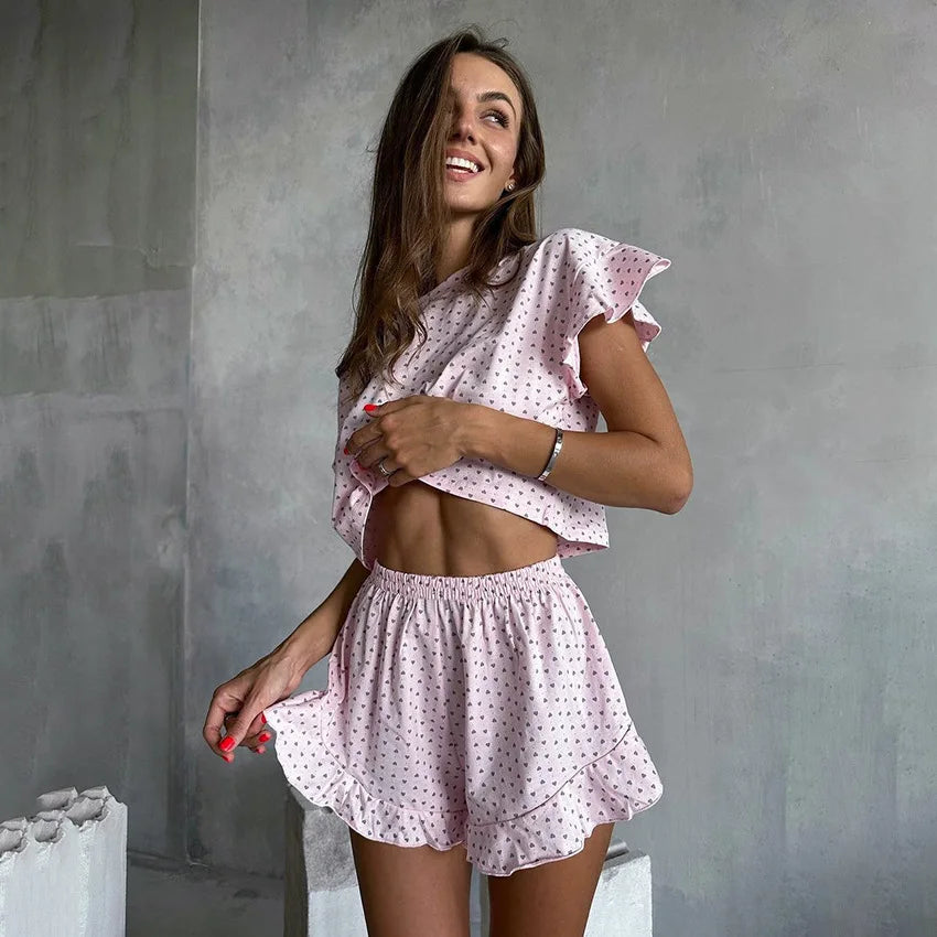 Summer New Women's Sleepwear Home Wear Casual Loose Short-Sleeved Crop Top Shorts Two-Piece Set Pink Heart Printed Sleepwear