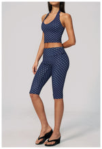 New Summer Women White Polka Dot Print Yoga Sets Hanging Neck Slim Sport Vest High Waist Mid Pants Gym Two-piece Workout Clothes