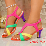 Big Size 43 Rainbow Color 7cm High Heel T-Strap Sandals Women Shoes Slingback Kitten Heels Festival Neon Vacation Dress Heels