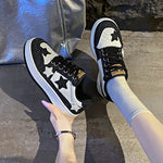Women Denim Patchwork Star Decor Skate Sneakers Lace‑Up Low Top Thick Sole Fashion Casual Daily Walking Board Shoes For Ladies