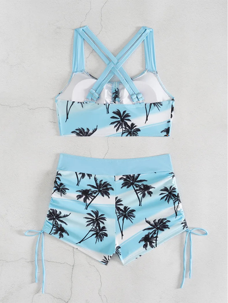 Women's Bathing Suits Two Piece Coconut Tree Print Tankini Swimsuit Woman Summer Sexy Beach Wear Separate Swimwear Female Shorts