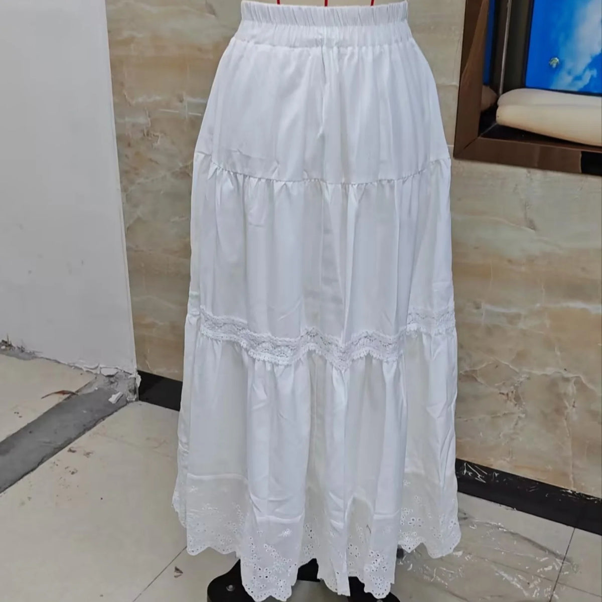 Women's Summer Hollow-Out Hem Elastic Waist Skirts Fashion Casual A-line Skirts Solid Color Long Skirts