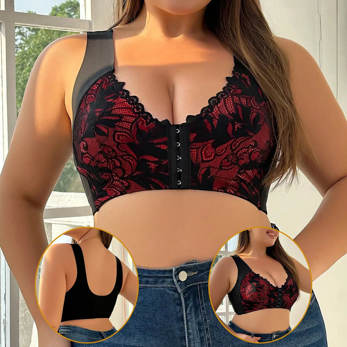 Front button Plus Size Bra Black Lace Brassiere sexy Lingerie Women Large Size Underwear Easy to put on and take off B2422