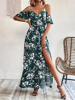 New Summer Women Print Dress 2025 Fashion ElegantVacation Party Short Sleeve Slim V-neck Slit Long Dresses Vestidos Para Mujer
