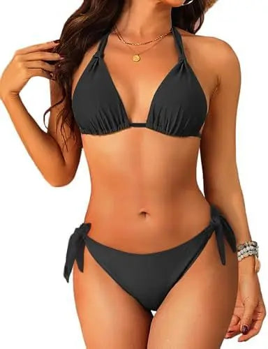 Women's Triangle Bikini Set Strap Design Swimsuit Two-Piece Swimwear Nylon Fabric with Chest Pad No Steel Support
