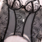 Embroidered flower underwear, sexy three-point mesh fishbone body shaping sexy suit with stockings