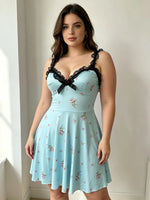European and American large size elastic body-hugging halter neck sleep dress, blue, floral pattern, lace trim, women's casual,
