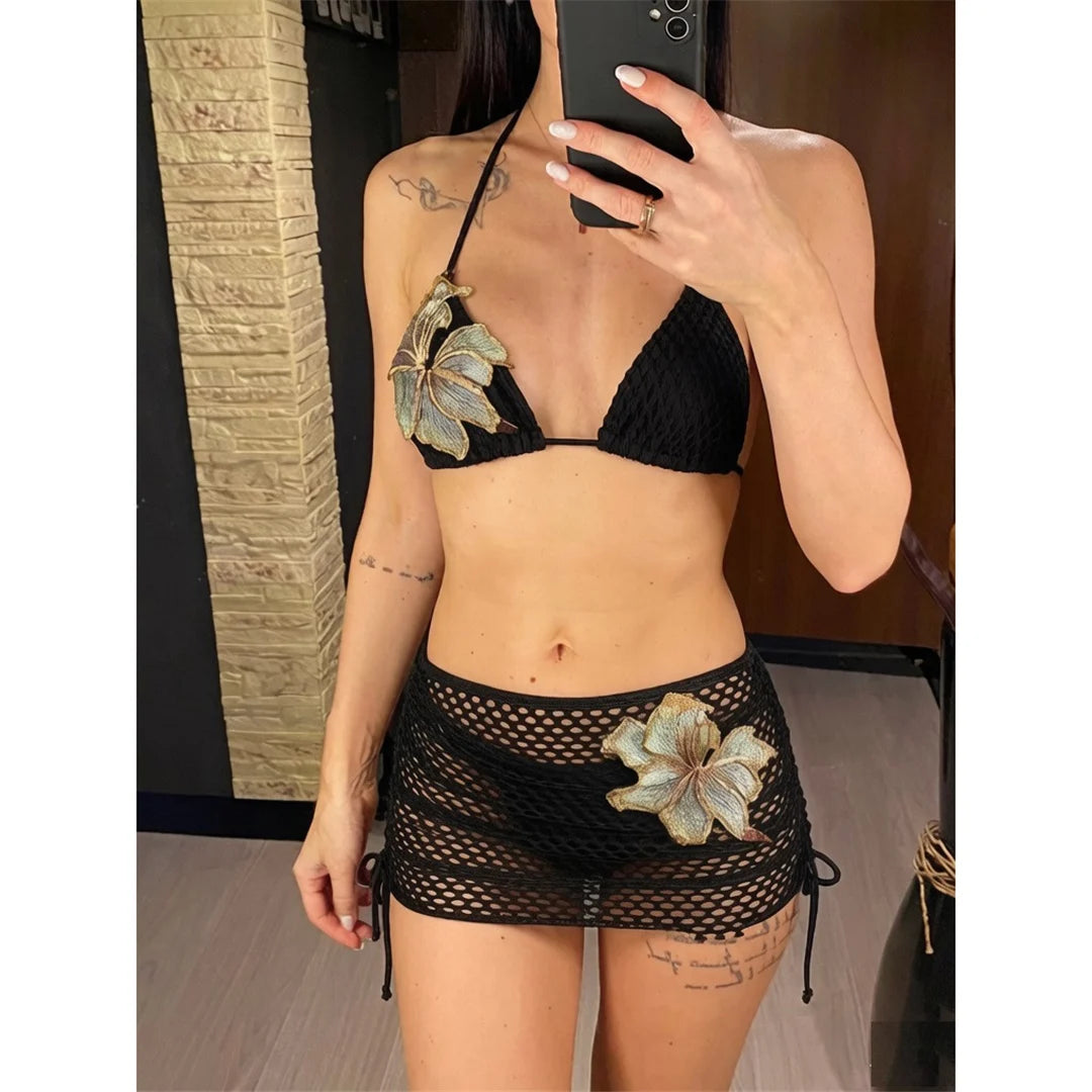With Skirt 3D Flower Halter Bikini Women Swimwear Female Swimsuit Three-Pieces Bikini Set Padded Bather Bathing Suit SwimV8346