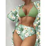 Fashionable Bikini Cover Up Three Piece Set Women Swimsuit Net Shirt High Elasticity Polyester Fabric with Chest Pad Bikinis Set