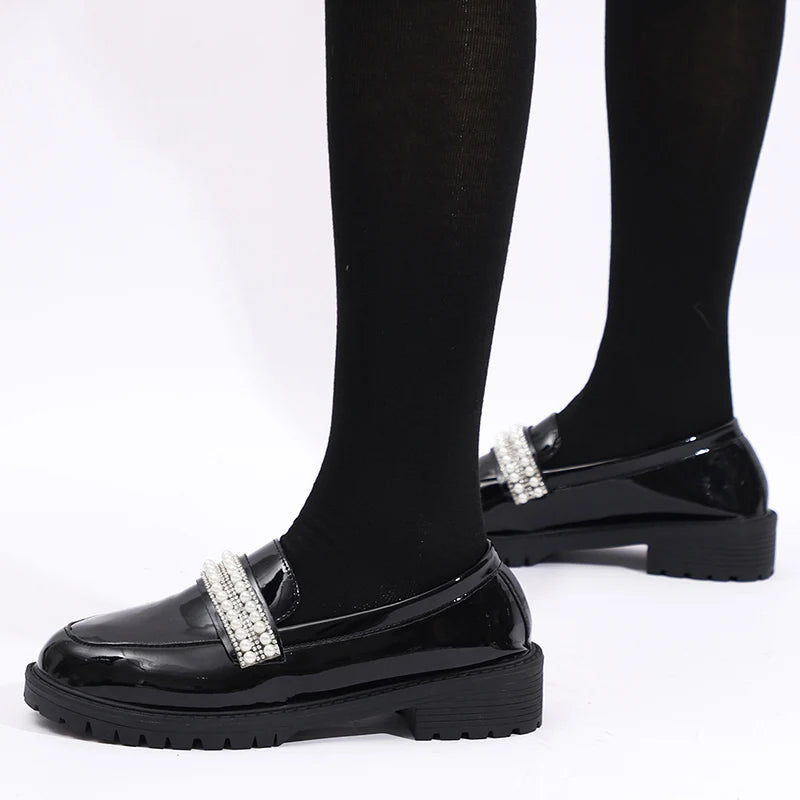 Fashion Pearls Decor Platform Loafers Women College Style Thick Heels Pu Leather Shoes Woman Plus Size 43 Student Shoes Female