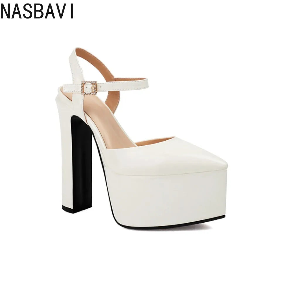 Platform Pointed Toe Sandals for Women Summer New Ankle Buckle Strap Gold Runway High Heels Large Size 43 Wedding Party Shoes