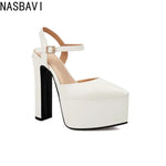 Platform Pointed Toe Sandals for Women Summer New Ankle Buckle Strap Gold Runway High Heels Large Size 43 Wedding Party Shoes