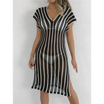S - XL Striped Short Sleeve Crochet Knitted Tunic Beach Cover Up Cover-ups Beach Dress Beach Wear Beachwear Female Women V8349