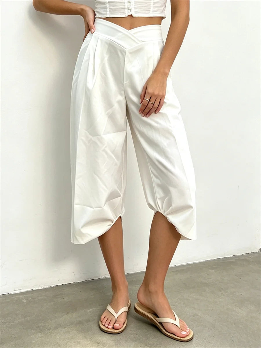 Summer Women Cargo Capri Pants Elastic Waist Cuffs Cropped Trousers with Side Pockets Fashion Casual Loose Fit Pants Streetwear