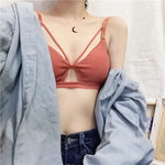 Women Ribbed Knit Bra Front Cutout V Neck Wireless Bralette Fixed Thin Spaghetti Straps Underwear Skin-Friendly Cotton Inner Top