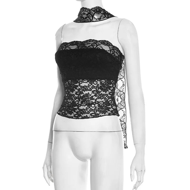FDYOUI Woman Clothes Summer Bandage Lace Corset T-shirt 2026 Sexy Off Shoulder See-through Crop Tops Evening Party Top Black