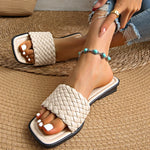 Classic Plus Size Woven Slippers for Women Summer Square Toe Low Heel Slides Sandals Woman Outdoor Pu Leather Beach Flip Flops