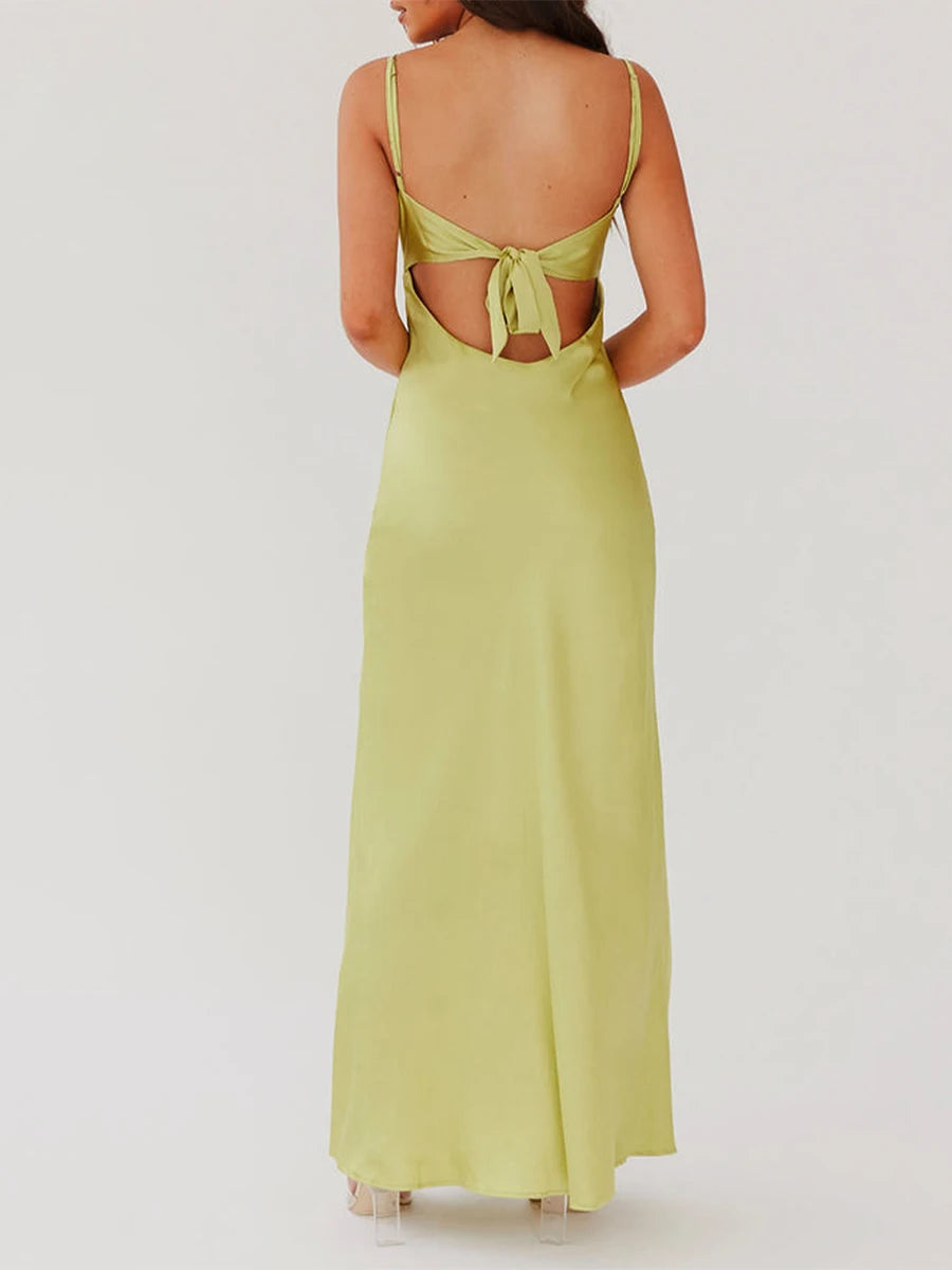 Women Cami Dress Solid Color Sleeveless Tie-Up Front Sleeveless Backless Dress Long Dress Summer Casual Spaghetti Strap Dress