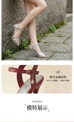2026 Summer New Women's Metallic High Heel Sandals Ankle Strap Crystal Buckle Stiletto Heels Sexy Party Wedding Prom Dress Shoes