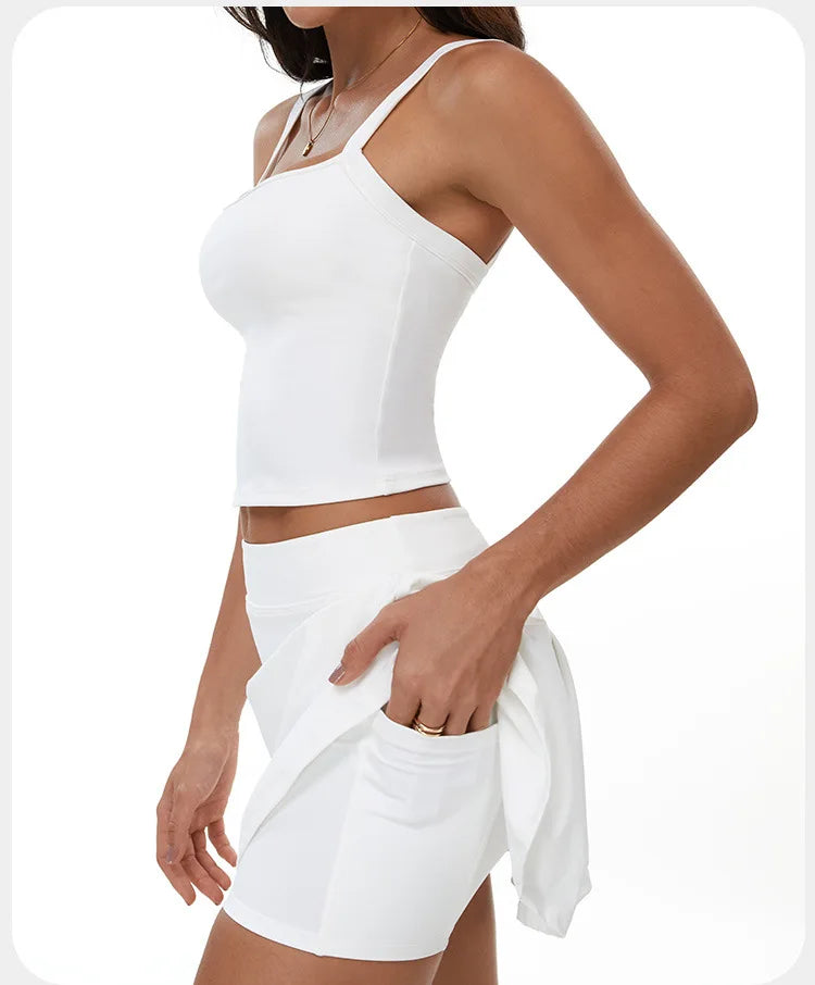 2 Piece Yoga Skirt Set Women Outdoor Neck Hanging Sports Vest High Waist Pleate A Line Skorts Fitness Suit Gym Workout Clothes