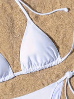 New Women Swimsuit Ribbed Backless Pads Bikini Set Halter Triangle Bra Side Tie Thong Swimwear Beachwear Lady Bathing Suit