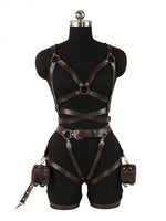 PU Leather Bondage Women Harness Outfit Adjustable Strappy Costume with Buckle Belt Thigh Straps Gothic Halloween Costume Set